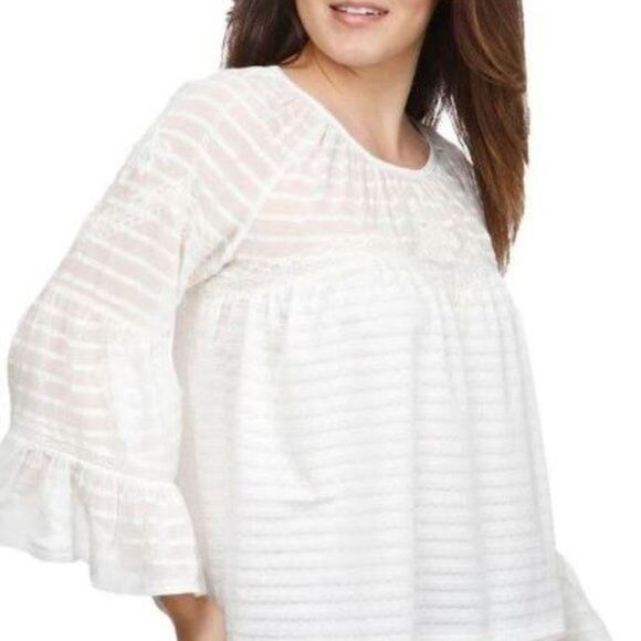 Lucky Brand Sheer Bell Sleeve Blouse · Medium · Brocade Floral Textured  · White - Picture 2 of 12